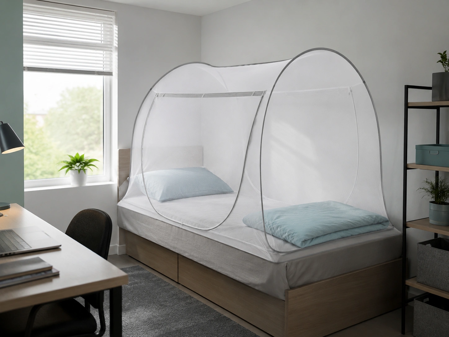 Pop-up mosquito net placed over a bed for easy bedroom use