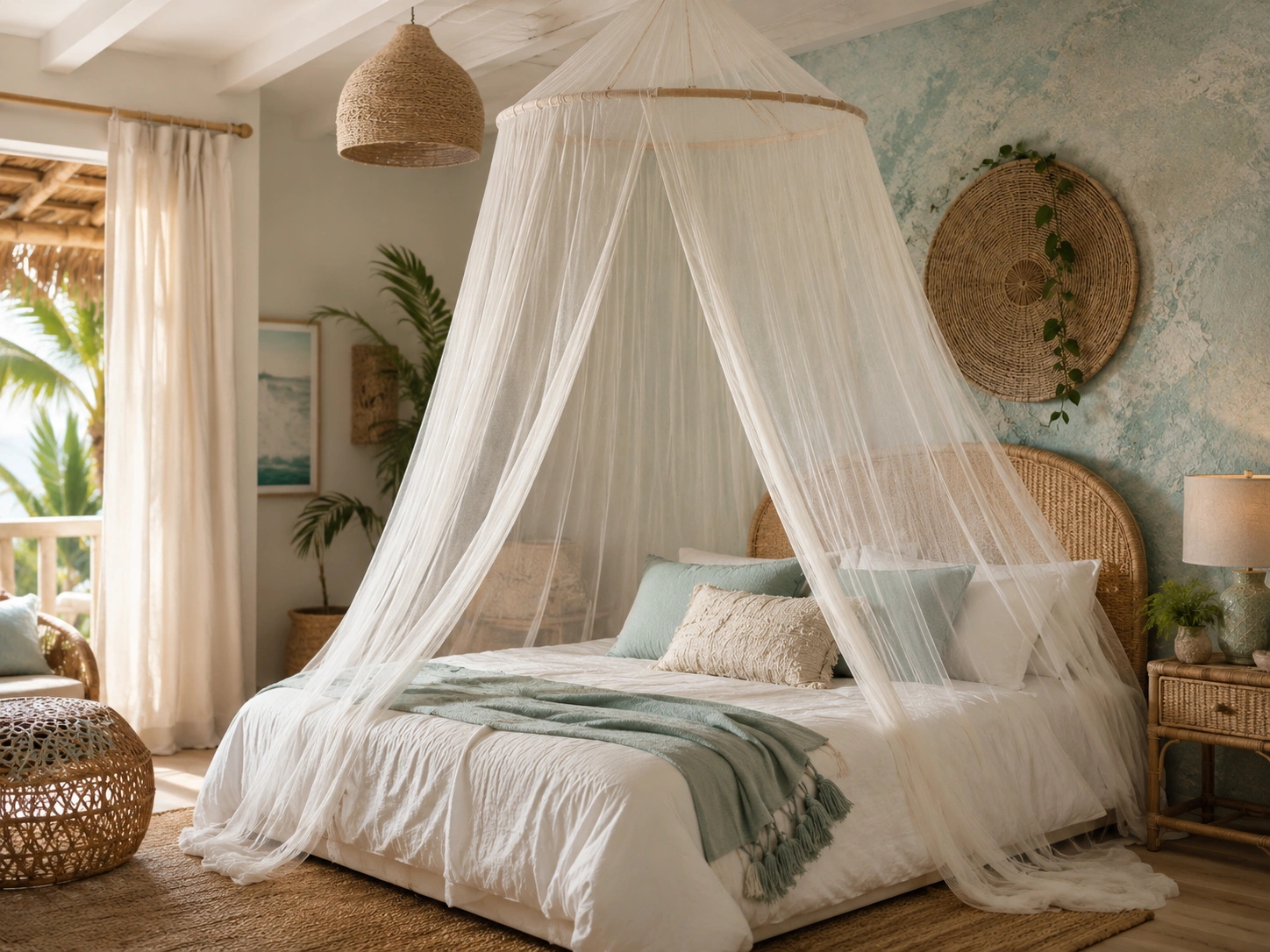 Hanging mosquito net creating a soft bedroom canopy look