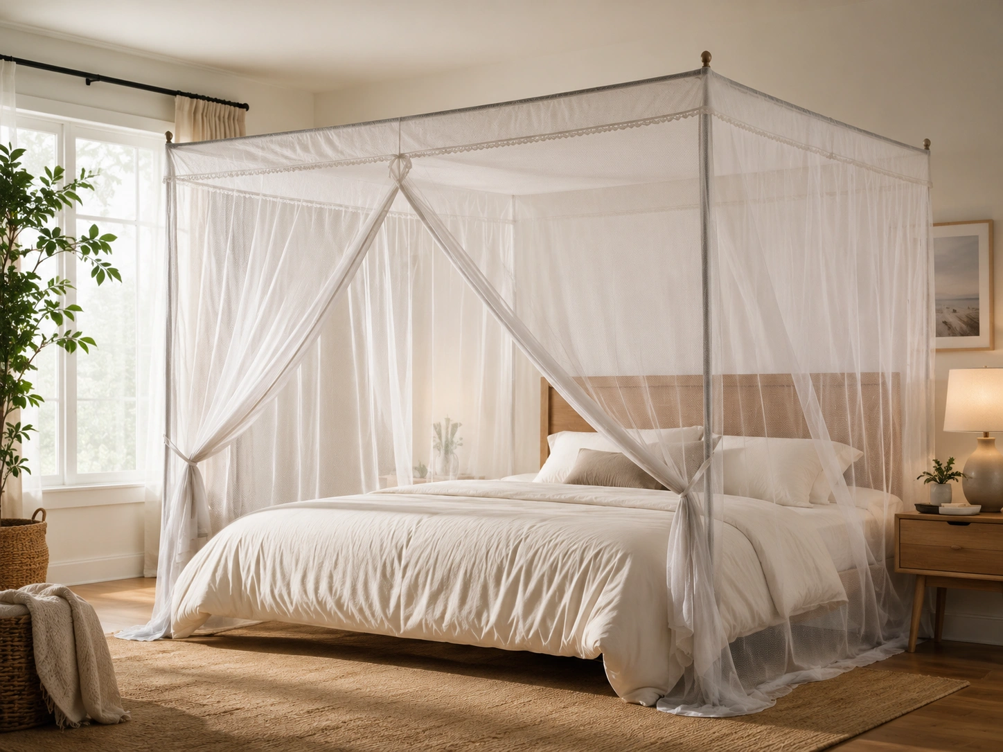 Simple mosquito net that blends naturally into a modern bedroom