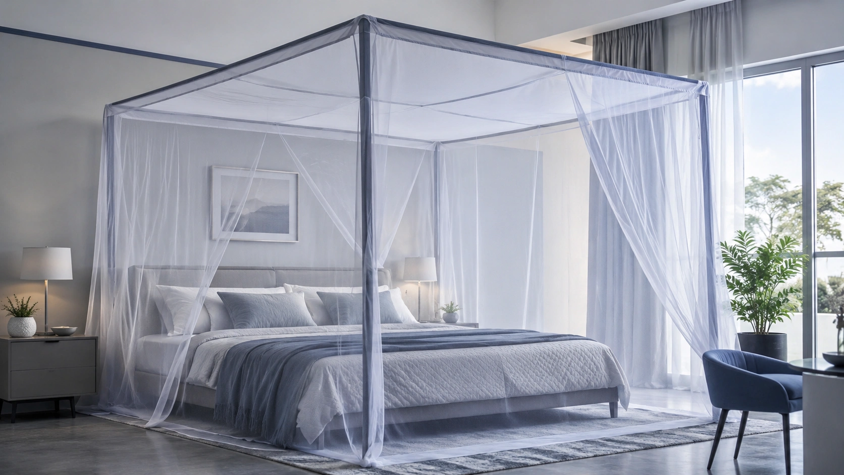 Roomy mosquito net with enough interior space over a bed