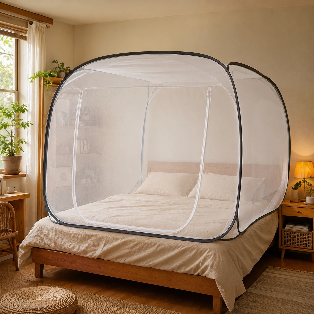 Pop-up mosquito net for easy setup in a bedroom