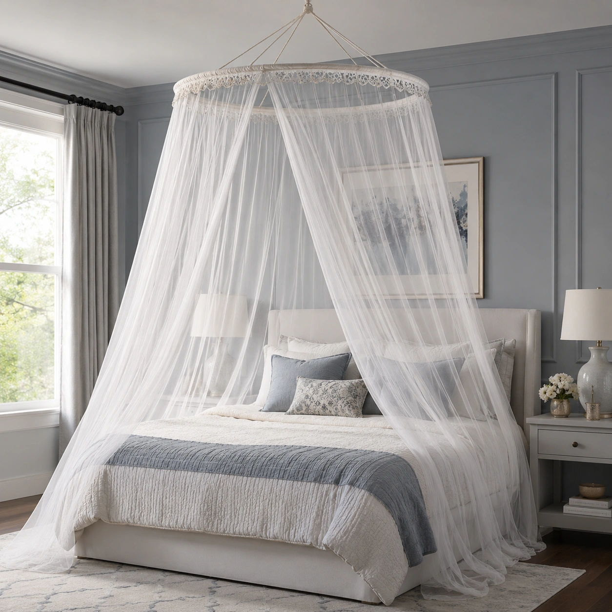 Hanging mosquito net with soft canopy style in a bedroom