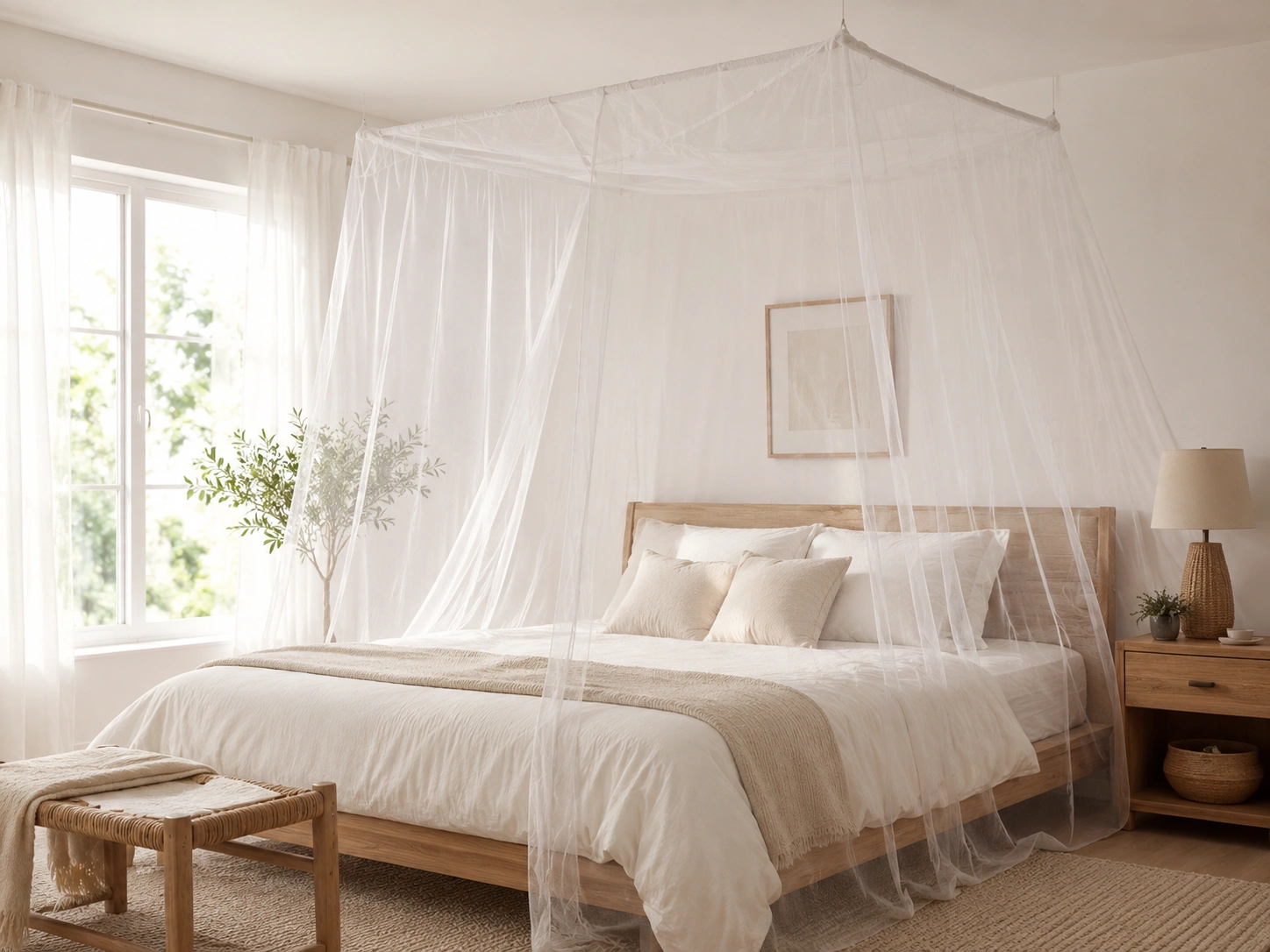 Comfortable mosquito net used in a bright bedroom setting