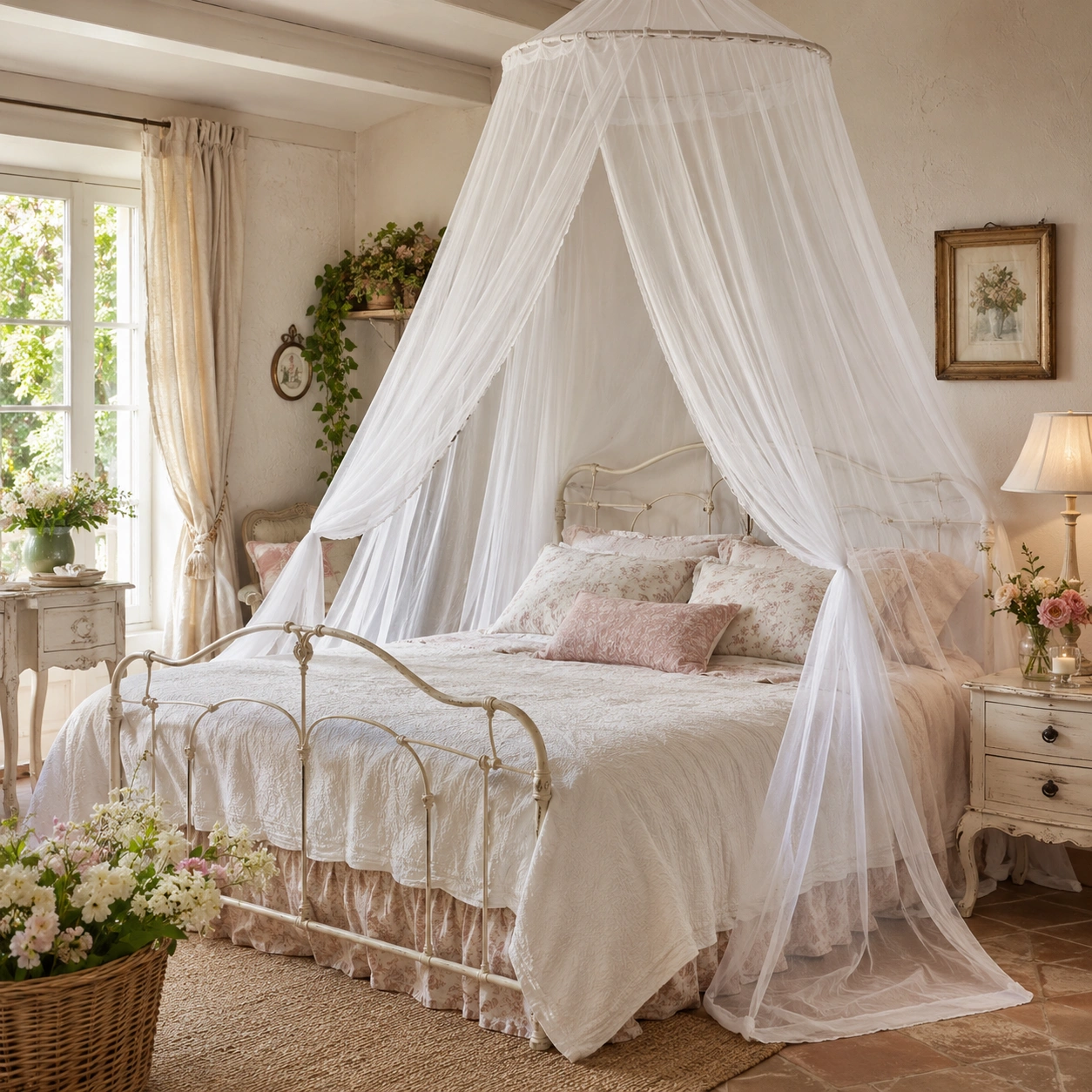 Mosquito net arranged naturally in a calm bedroom