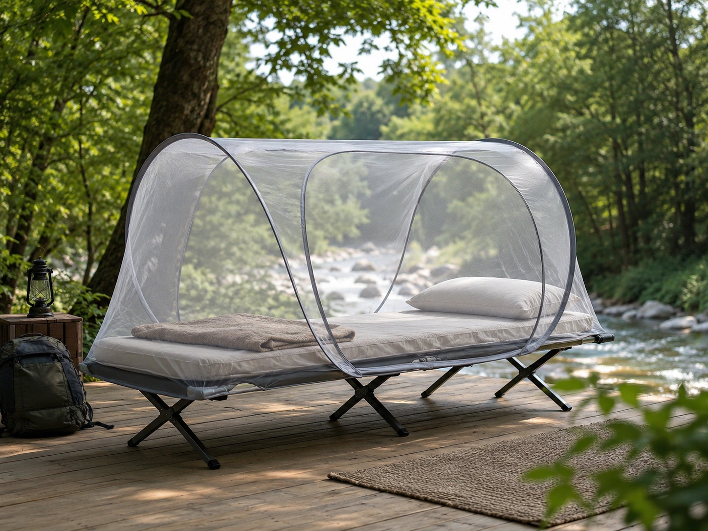 Portable mosquito net prepared for travel and outdoor rest