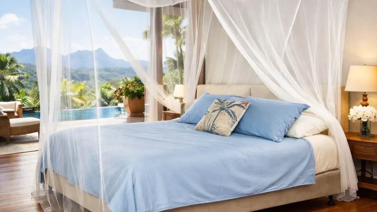 Comfortable mosquito net arranged naturally in a calm bedroom